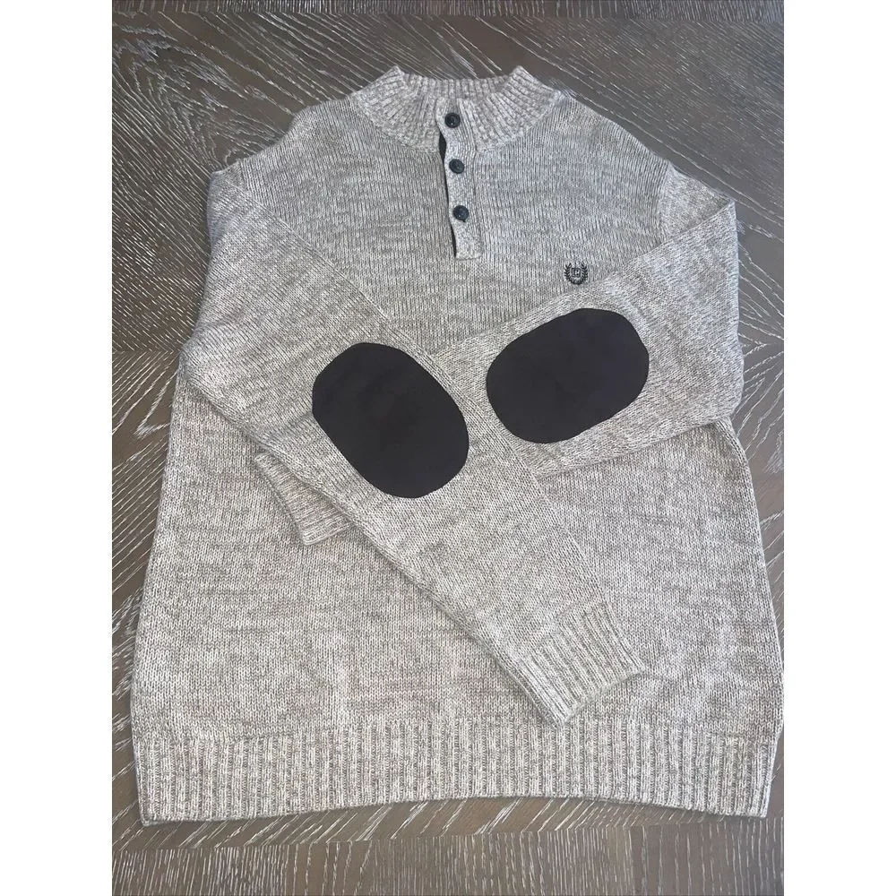 Chaps 1/4 Button‎ Sweater Suede Elbow Pads Long Sleeve EUC Beige/Brown FAST SHIP